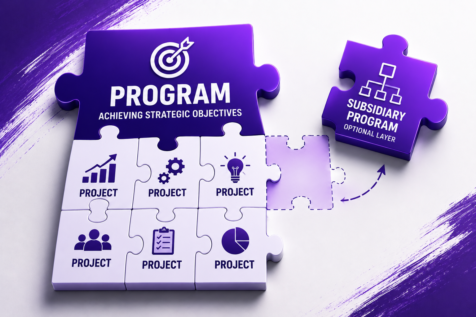 Program Management infographic showing the relationship between programs, projects, and subsidiary programs, illustrating how projects contribute to strategic objectives and benefits realization while subsidiary programs remain optional governance structures.