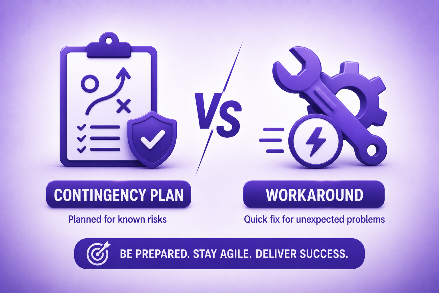 Risk management concept showing contingency plan versus workaround, highlighting planned responses for known risks and quick solutions for unexpected issues in project and program management.