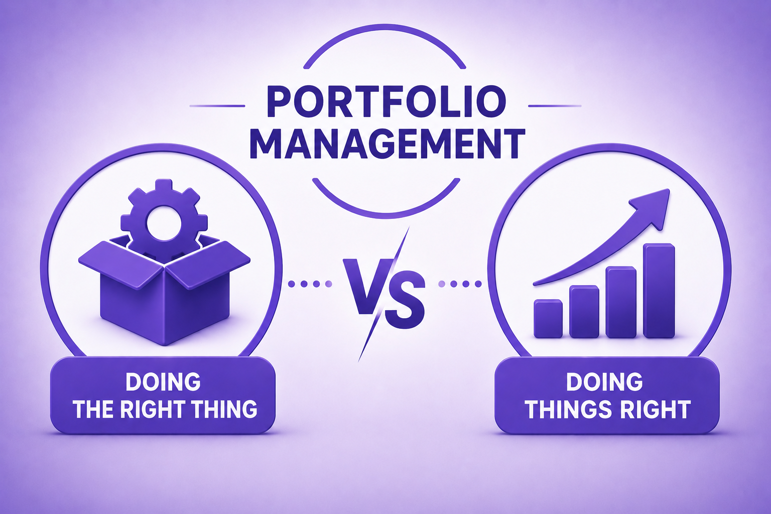Portfolio management illustration comparing doing the right thing with doing things right, highlighting strategic project selection and execution excellence.