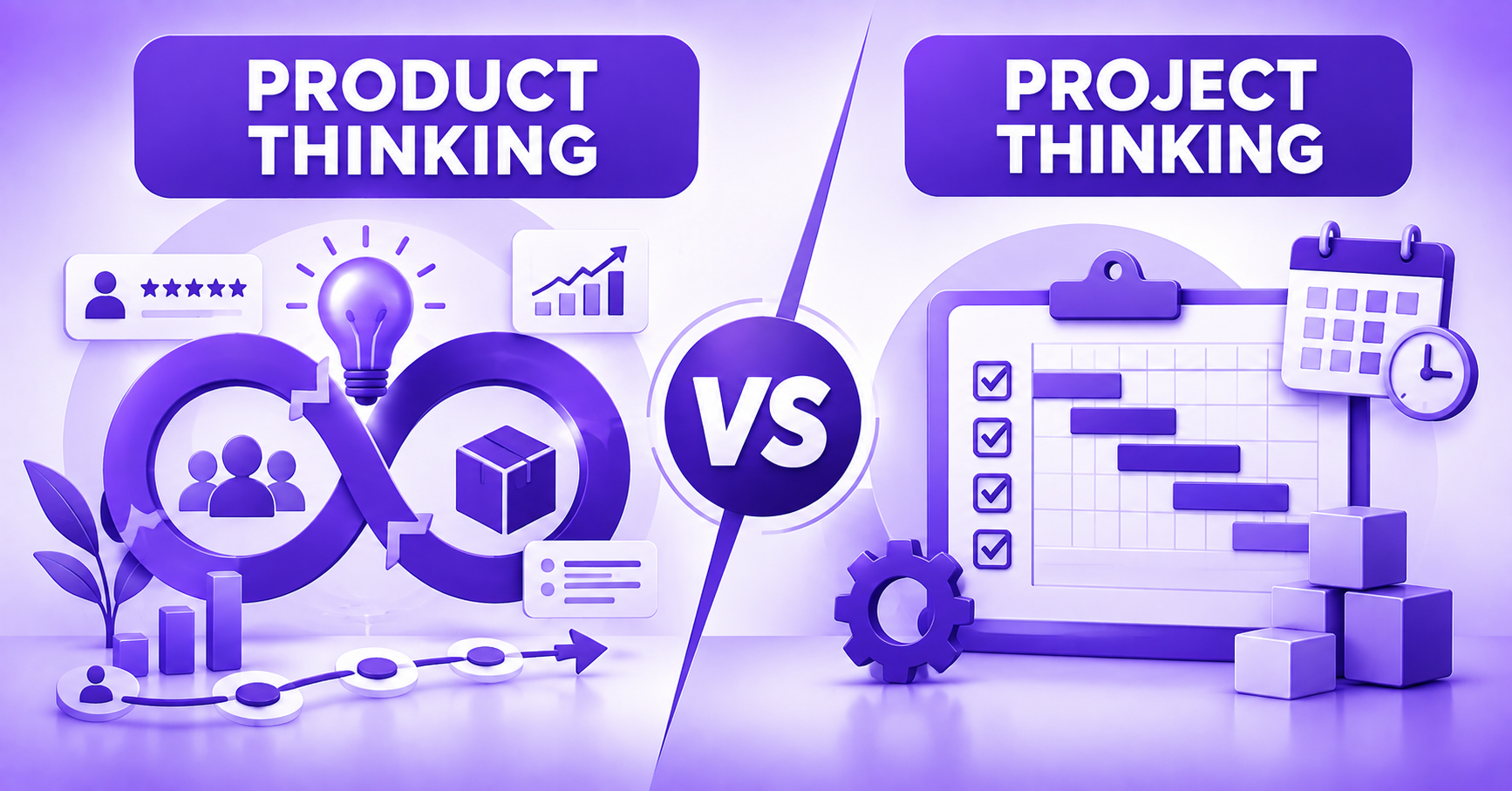 Product Thinking vs. Project Thinking showing continuous product improvement, customer focus, project planning, milestones, timelines, and structured execution.