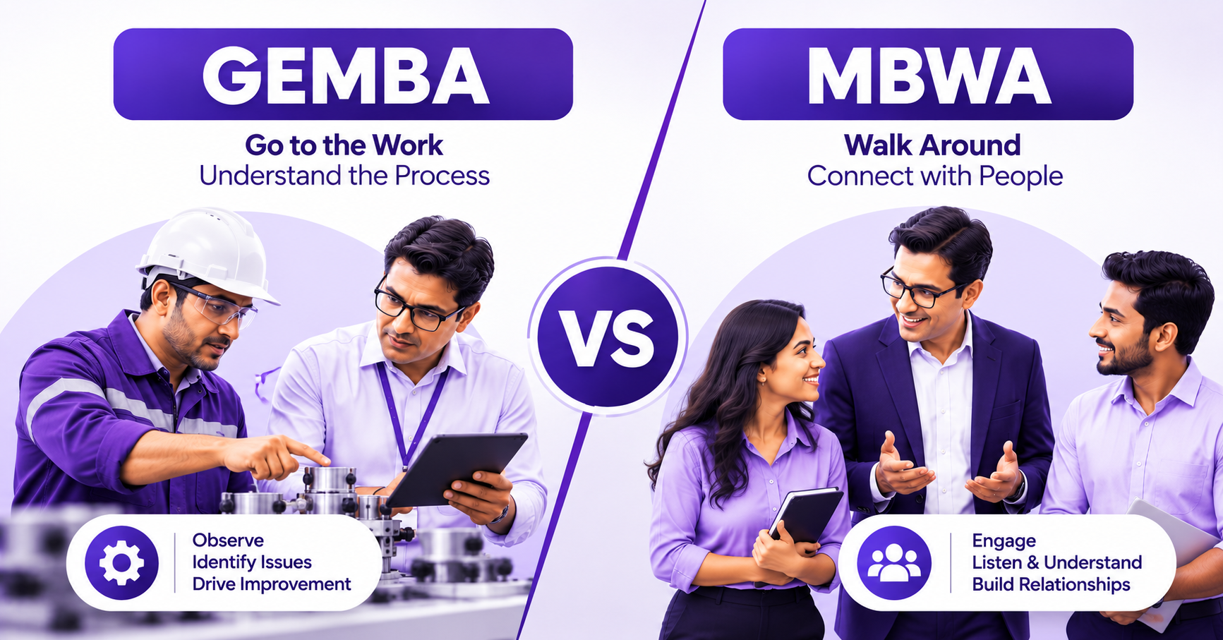 GEMBA vs. MBWA in project management, comparing process observation and continuous improvement with team engagement, communication, and relationship building.
