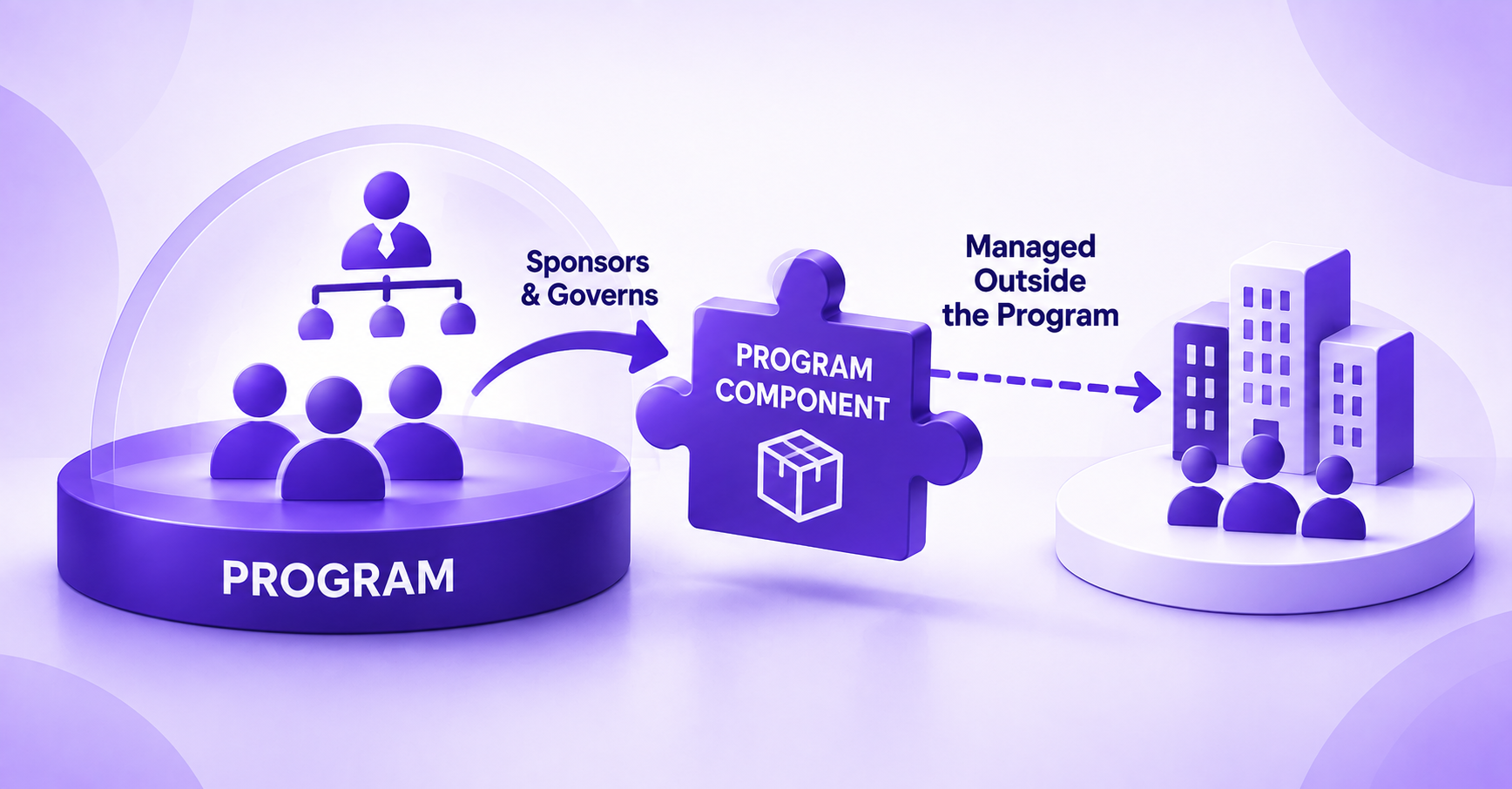 Program component sponsored and governed by the program but managed outside the program, illustrating the distinction between program oversight and external component management.